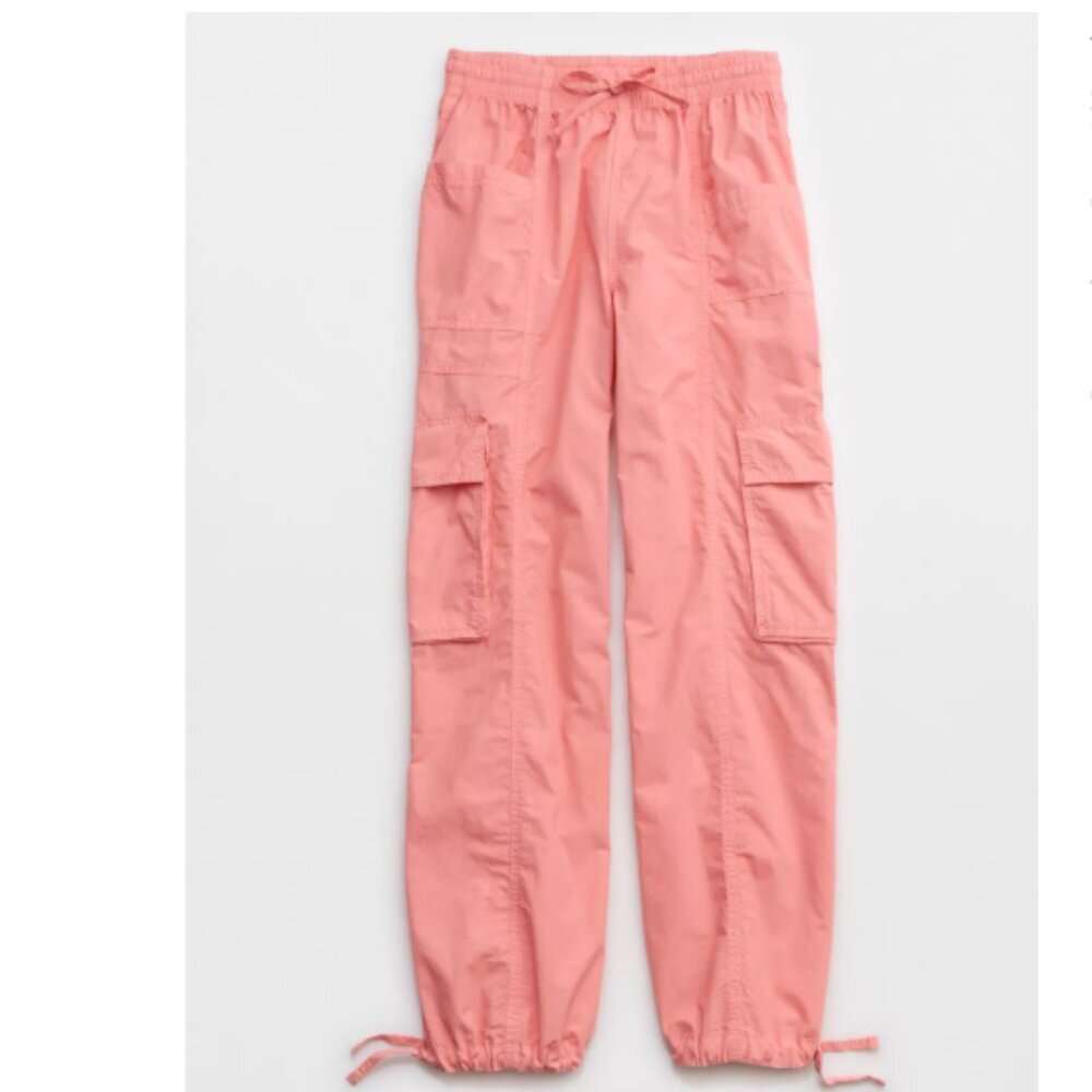 NWT Aerie High Waisted Go-For-It Baggy Cargo Pant Spicy Coral Pink Womens Small - Picture 3 of 14